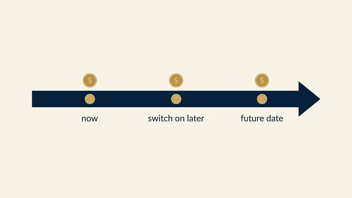 Timeline showing income that can start now, switch on later, or begin at a future date